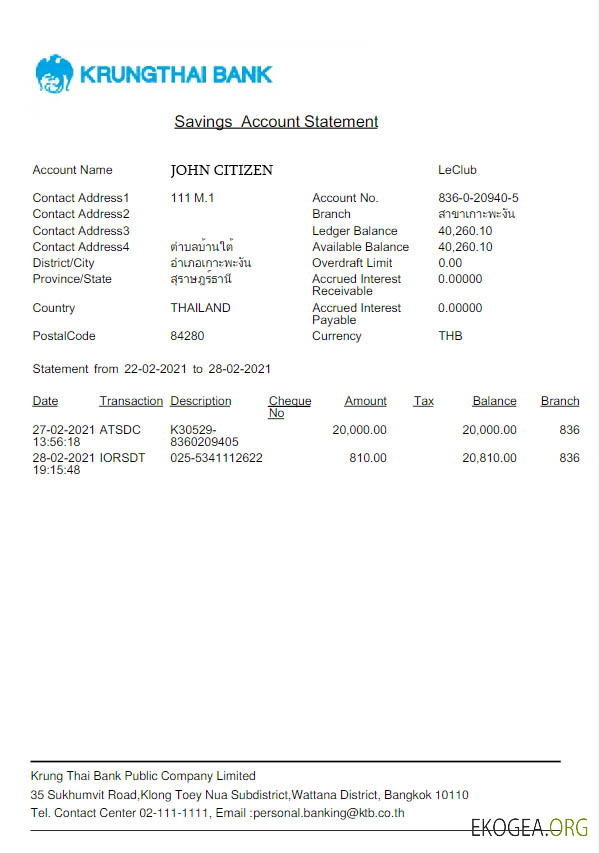 Relevé bancaire Thaïlande Krungthai Word et PDF scr